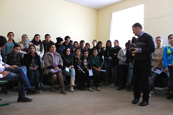 Preventing child brides. A meeting of 8th to 12th graders at Public School No 3 in Marneuli to learn about the problems early marriage creates for the girl.