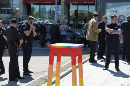 In the morning, a group of up to ten activists brought a large rainbow-coloured taburetka (‘stool’) in front of the Radisson Blu Hotel, where the conservative anti-LGBT Christian conference World Congress of Families (WCF) was being held. (Dfwatch)